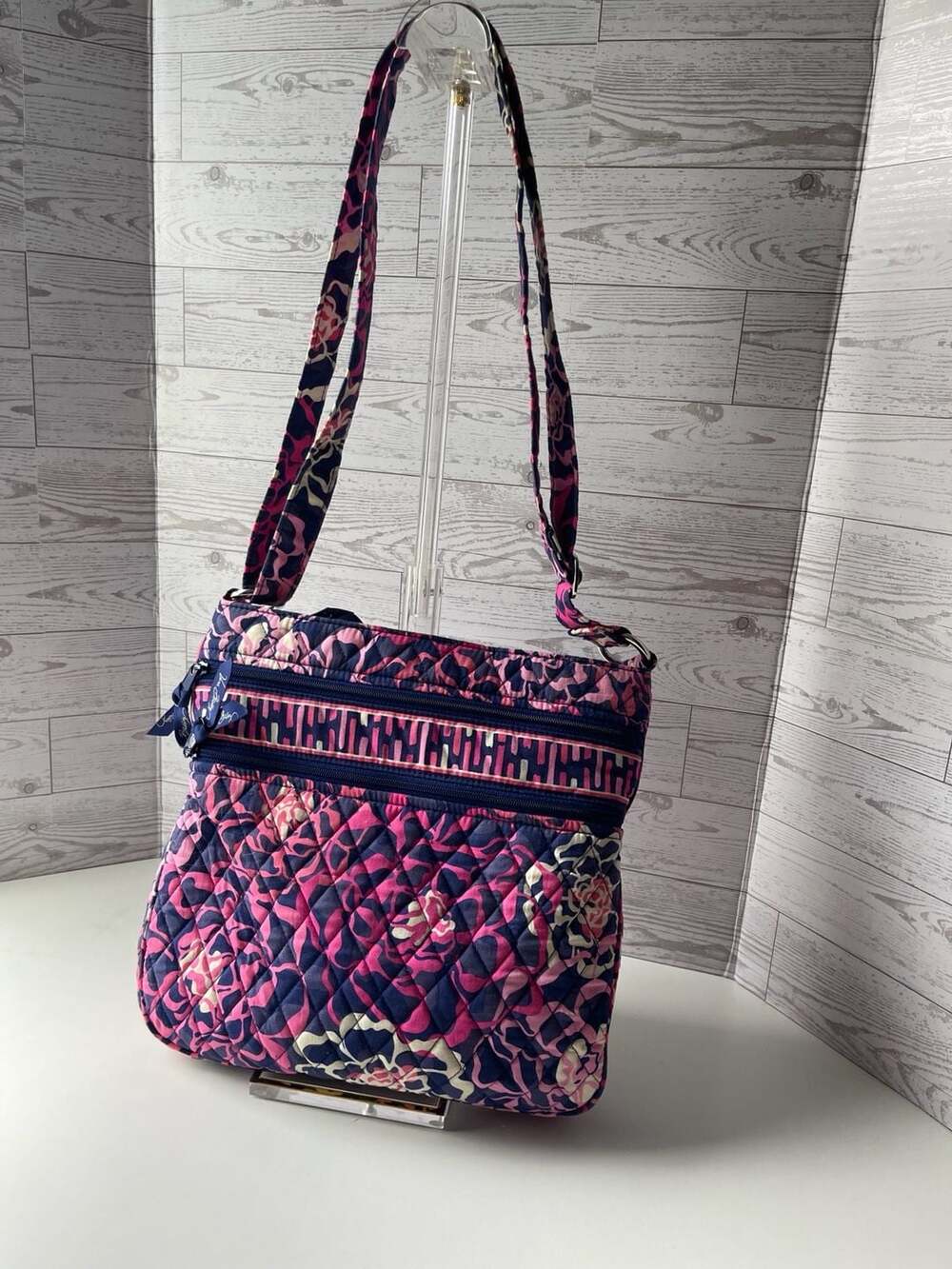 Vera Bradley Triple Zipper Hipster Crossbody Bag in Pink and Navy Floral Pattern